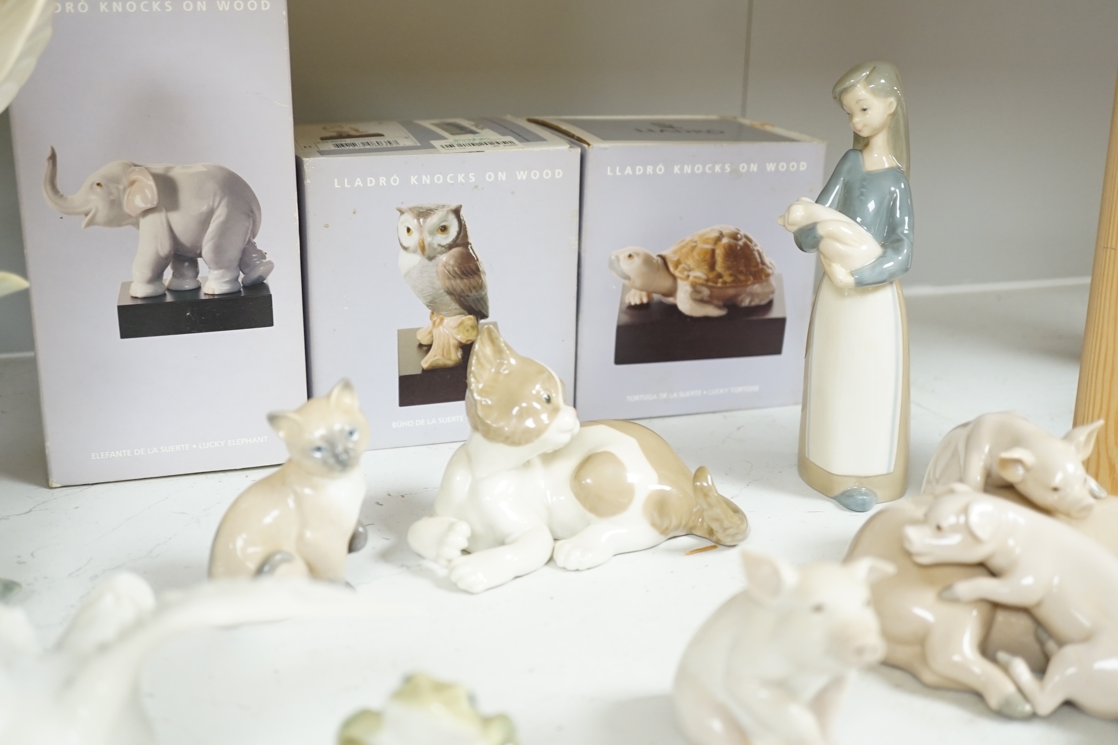 Fourteen Lladro models to include nine various animals and five birds (all boxed), largest 29cm high. Condition - good